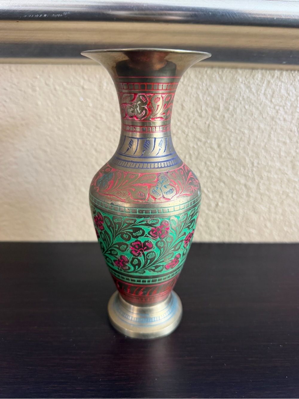 Vintage Indian Brass Enamel Vase 7.5" Ramnath Handmade Floral Engraved 1970s